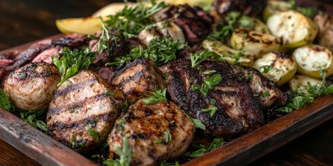 A delicious assortment of grilled meats and vegetables garnished with fresh herbs on a wooden platter.