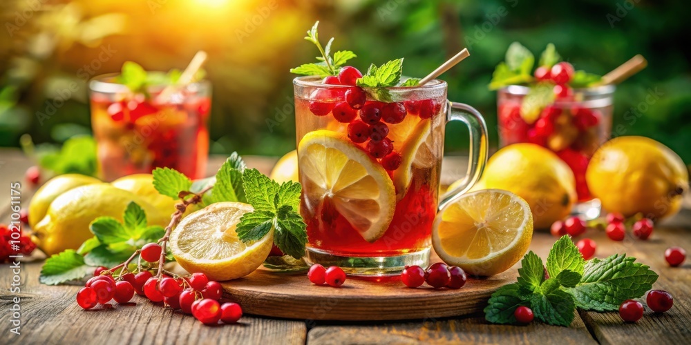 Poster refreshing summer beverage with lemon and red berries on wooden table
