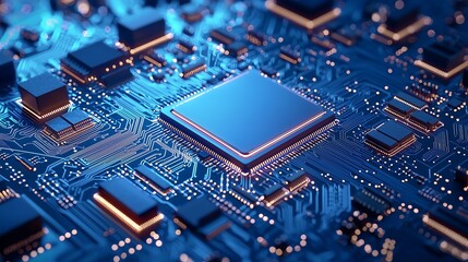 Brightly Glowing Circuit Paths Leading to Central Processor. Generative AI