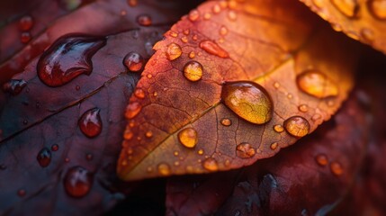 Vibrant autumn leaves adorned with dewdrops, showcasing rich colors and natural textures.