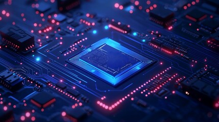 Obraz premium Modern Tech Circuitry and Chip with Radiant Blue Neon Lights. Generative AI