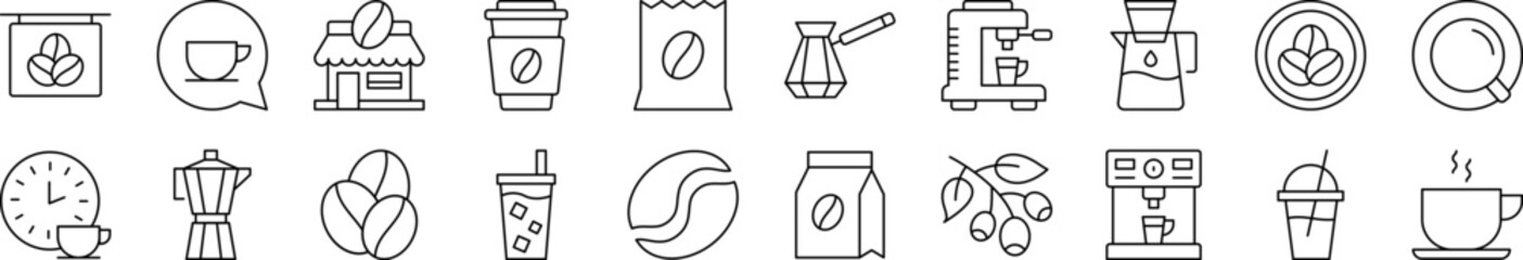 Coffee, Cup and Grains Simple Icon Collection. Editable Stroke. Perfect for Infographics, Articles, Books, Flyers, Banners