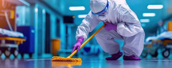 A person in protective gear cleans a hospital corridor, emphasizing hygiene and safety in healthcare environments.