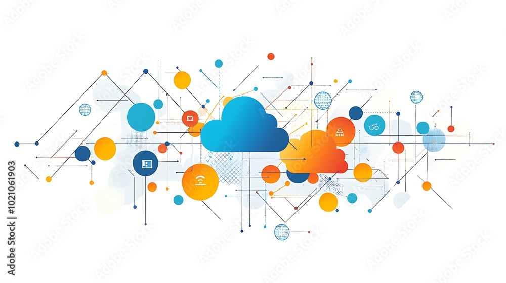 Poster abstract illustration of interconnected clouds, circles, and lines representing network and cloud co