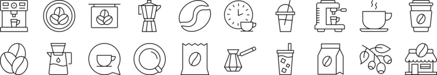 Coffee, Cup and Grains Outline Image Collection. Editable Stroke. Perfect for Infographics, Articles, Books, Flyers, Banners
