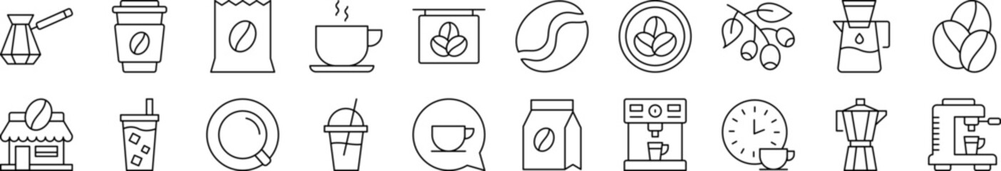 Coffee, Cup and Grains Related Image Collection. Editable Stroke. Perfect for Infographics, Articles, Books, Flyers, Banners