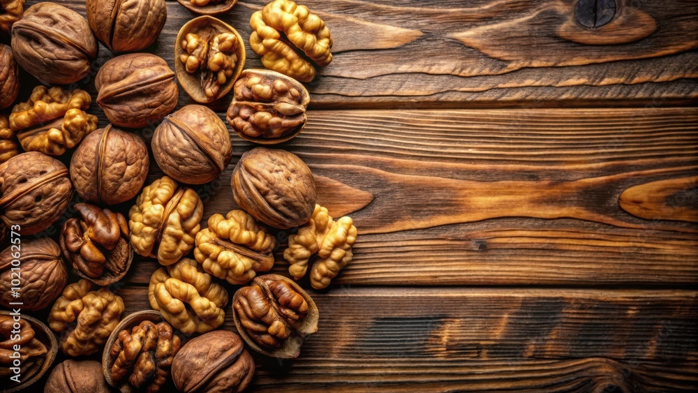 Poster a close-up view of walnut halves and shells scattered on a rustic wooden surface, showcasing their n