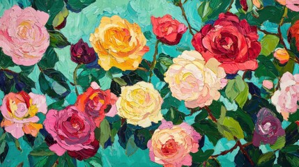 Vibrant oil painting of colorful roses with lush green leaves creating a lively floral display.