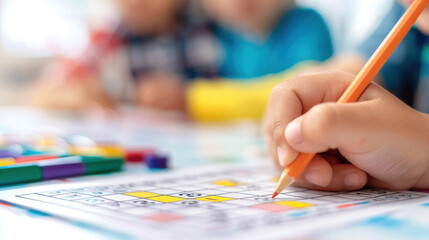 Child solving sudoku puzzle with pencil in classroom setting.