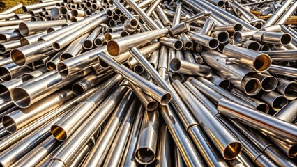 A jumbled mass of metallic tubes, shimmering under the sunlight, revealing a captivating display of circular openings and textured surfaces.
