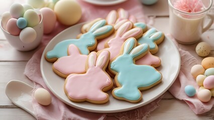 A plate of bunny-shaped cookies decorated with pastel-colored icing, sitting on a festive Easter table, ready for a family celebration.