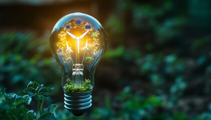 A glowing lightbulb powered by wind and solar icons, symbolic image of clean energy innovation and environmental progress.