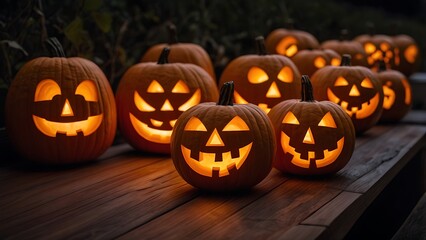 A row of carved jack-o'-lanterns glowing brightly, sitting on a wooden porch illuminated by candlelight, setting the perfect Halloween night mood.