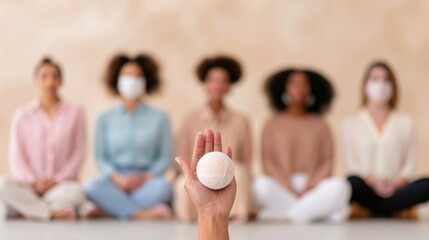 Diverse women in meditation session with focus on hand holding stress ball.