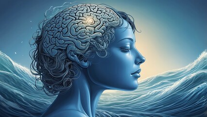 A serene illustration of a human brain surrounded by calm blue waves, symbolizing mindfulness, mental clarity, and inner peace.
