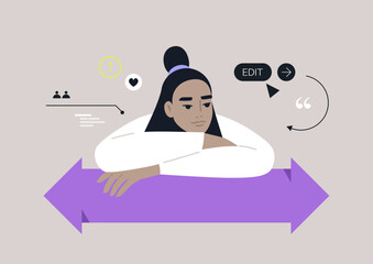 A thoughtful individual leans on a large arrow, reflecting on choices, Surrounding them are digital symbols, emphasizing the blend of human emotion and technology in today's world