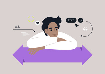 A thoughtful individual leans on a large arrow, reflecting on choices, Surrounding them are digital symbols, emphasizing the blend of human emotion and technology in today's world