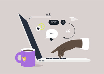 Fingers gracefully tap on a laptop keyboard, immersed in a flurry of digital symbols and a nearby cup of coffee, portraying a moment of focused creativity in a workspace