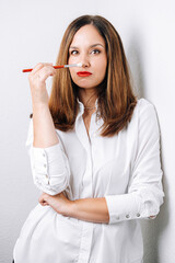 portrait of makeup artist on white background