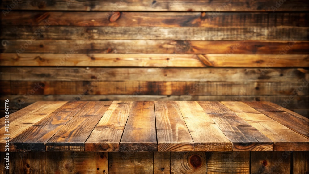 Poster Rustic wooden table with a backdrop of weathered planks, perfect for showcasing products or creating a cozy atmosphere.