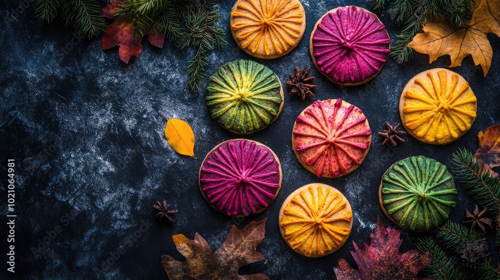 Poster Autumn cookies with vibrant colors on dark backdrop