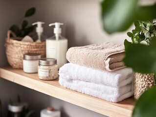 Organic cotton towels neatly folded on a wooden bathroom shelf, surrounded by natural skincare products and decorative plants for a relaxing atmosphere.