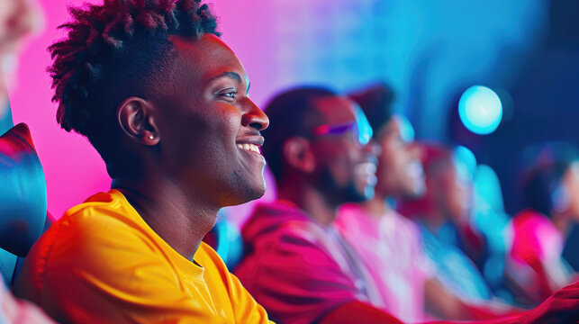 Young adults enjoying video game in neon-lit gaming lounge