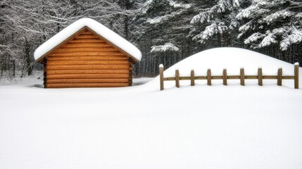The quaint log cabin stands silently under a thick layer of snow, framed by a rustic wooden fence and surrounded by towering pine trees on a winter day