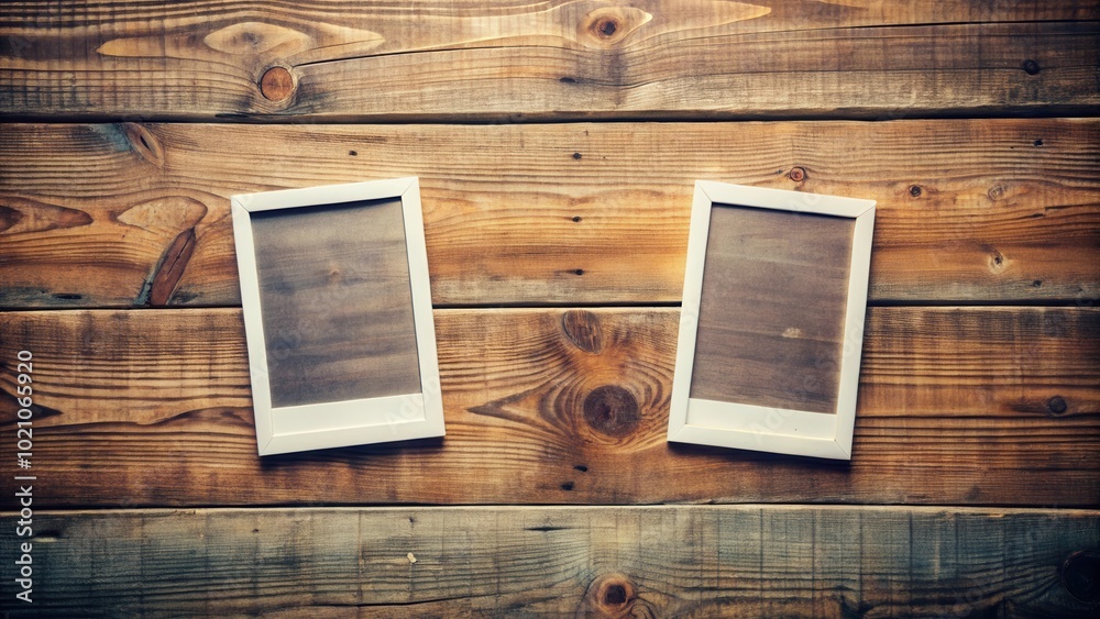 Poster two empty white frames on a rustic wooden background