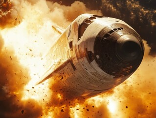 A space shuttle disintegrates mid-flight amidst a fiery explosion, surrounded by debris.