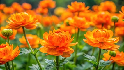 Fototapeta premium A vibrant display of blooming orange flowers with delicate petals and lush green foliage in a natural setting.