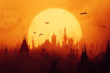 Naklejka premium Halloween 2022. City panorama in halloween style. Scary halloween isolated background. Orange and yellow background. Vector illustration, 3d render with generative ai