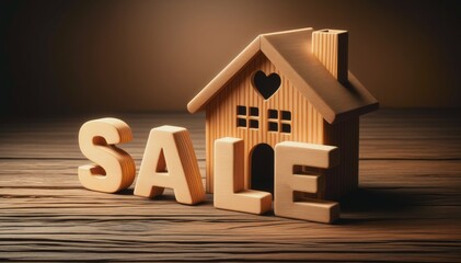 Wooden House Model with Sale Sign