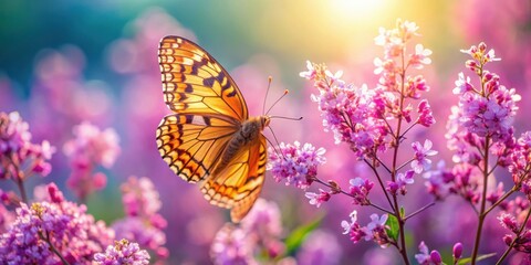 A delicate butterfly with intricately patterned wings rests on a cluster of vibrant pink blossoms in a field bathed in soft, golden sunlight.