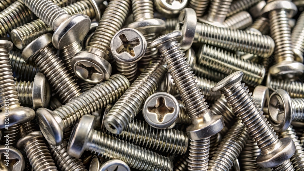 Poster A close-up view of a pile of shiny silver screws with cross-shaped heads, each with a defined thread pattern, creating a dense and textured backdrop.