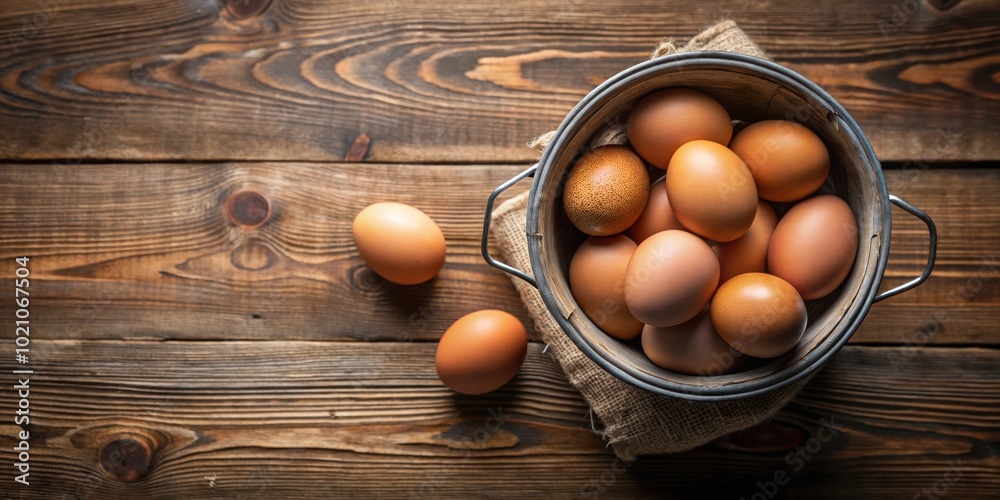 Aufkleber a rustic wooden tabletop featuring a metal bowl overflowing with fresh eggs and a scattered egg besi