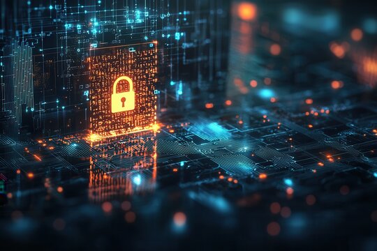 Digitales Sicherheitskonzept Leuchtendes Schloss Cybersicherheit Datenverschl&uuml;sselung Datenschutz Netzwerkschutz IT-Sicherheit Technologische Verteidigung Modernes Sicherheitssystem Digitale Sicherhei