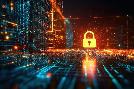 Digitales Sicherheitskonzept Leuchtendes Schloss Cybersicherheit Datenverschl&uuml;sselung Datenschutz Netzwerkschutz IT-Sicherheit Technologische Verteidigung Modernes Sicherheitssystem Digitale Sicherhei