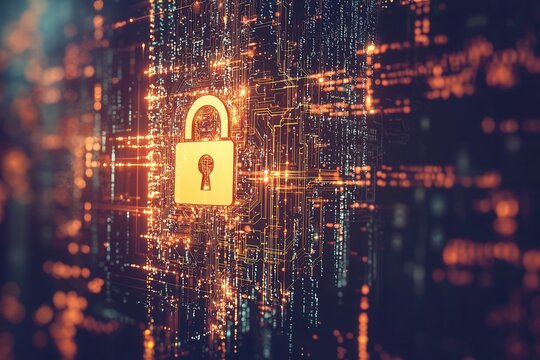 Digitales Sicherheitskonzept Leuchtendes Schloss Cybersicherheit Datenverschl&uuml;sselung Datenschutz Netzwerkschutz IT-Sicherheit Technologische Verteidigung Modernes Sicherheitssystem Digitale Sicherhei