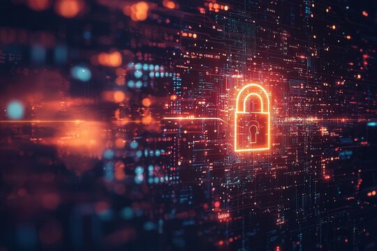 Digitales Sicherheitskonzept Leuchtendes Schloss Cybersicherheit Datenverschl&uuml;sselung Datenschutz Netzwerkschutz IT-Sicherheit Technologische Verteidigung Modernes Sicherheitssystem Digitale Sicherhei