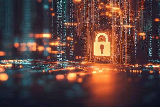 Digitales Sicherheitskonzept Leuchtendes Schloss Cybersicherheit Datenverschl&uuml;sselung Datenschutz Netzwerkschutz IT-Sicherheit Technologische Verteidigung Modernes Sicherheitssystem Digitale Sicherhei