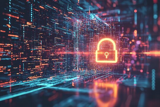 Digitales Sicherheitskonzept Leuchtendes Schloss Cybersicherheit Datenverschl&uuml;sselung Datenschutz Netzwerkschutz IT-Sicherheit Technologische Verteidigung Modernes Sicherheitssystem Digitale Sicherhei