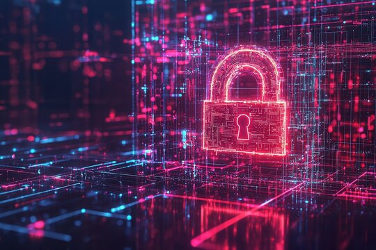 Digitales Sicherheitskonzept Leuchtendes Schloss Cybersicherheit Datenverschl&uuml;sselung Datenschutz Netzwerkschutz IT-Sicherheit Technologische Verteidigung Modernes Sicherheitssystem Digitale Sicherhei