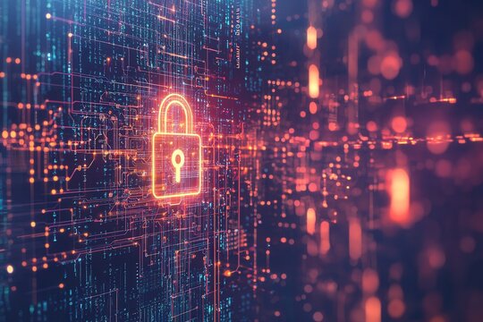 Digitales Sicherheitskonzept Leuchtendes Schloss Cybersicherheit Datenverschl&uuml;sselung Datenschutz Netzwerkschutz IT-Sicherheit Technologische Verteidigung Modernes Sicherheitssystem Digitale Sicherhei