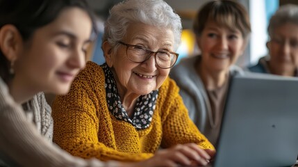 A cheerful elderly woman learns with a young girl, showcasing intergenerational connection and shared joy in technology.