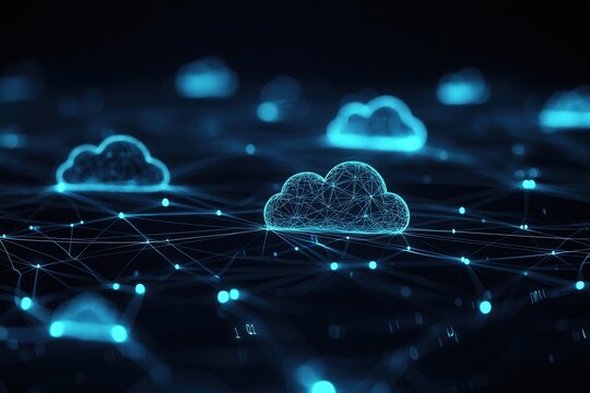 Cloud Computing Konzept Digitale Vernetzung Abstrakte Darstellung Leuchtende Wolken Netzwerkverbindungen Datenspeicherung Digitalisierung Moderne Technologie IT-Infrastruktur Daten&uuml;bertragung Technolo