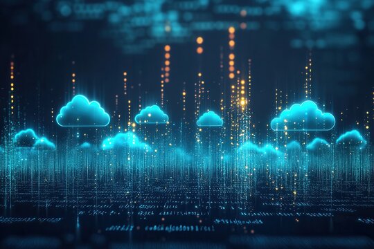 Cloud Computing Konzept Digitale Vernetzung Abstrakte Darstellung Leuchtende Wolken Netzwerkverbindungen Datenspeicherung Digitalisierung Moderne Technologie IT-Infrastruktur Daten&uuml;bertragung Technolo