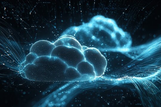 Cloud Computing Konzept Digitale Vernetzung Abstrakte Darstellung Leuchtende Wolken Netzwerkverbindungen Datenspeicherung Digitalisierung Moderne Technologie IT-Infrastruktur Daten&uuml;bertragung Technolo