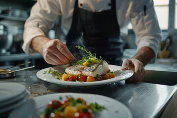 Chef preparing gourmet dish in professional kitchen