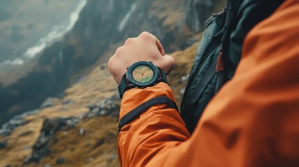 A close-up of a rugged watch on a hiker's wrist, set against a breathtaking mountain landscape, perfect for adventure themes.